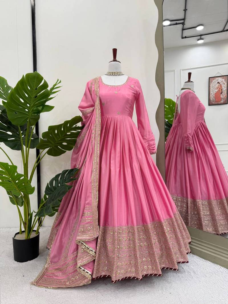 Pink chinon silk thread sequence anarkali suit