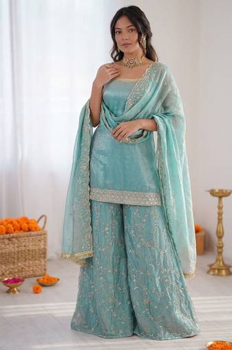 Sky blue fendy silk thread sequence plazzo suit
