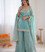 Sky blue fendy silk thread sequence plazzo suit