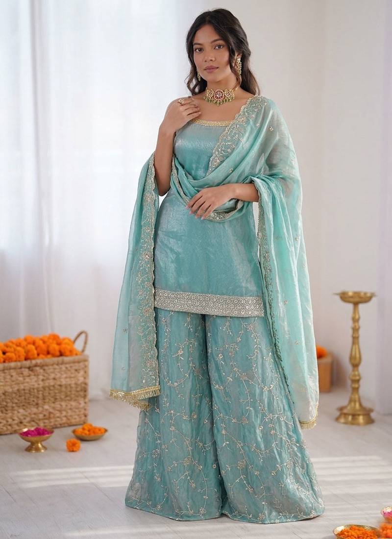 Sky blue fendy silk thread sequence plazzo suit