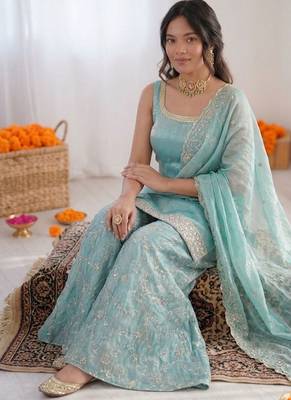Sky blue fendy silk thread sequin palazzo suit 2