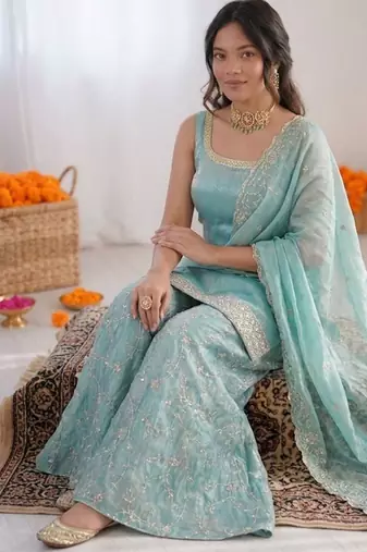 Sky blue fendy silk thread sequin palazzo suit