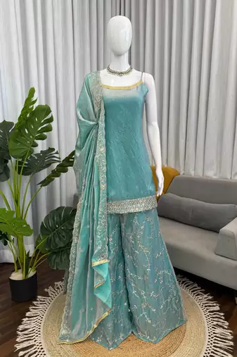 Sky blue fendy silk thread sequin palazzo suit