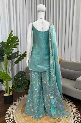 Sky blue fendy silk thread sequin palazzo suit