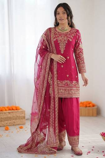 Pink crepe silk thread sequence farshi salwar suit