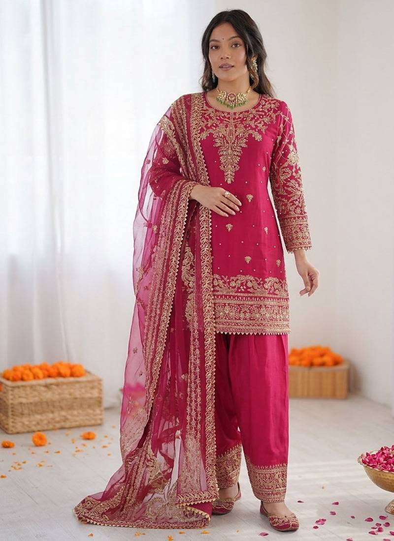 Pink crepe silk thread sequence farshi salwar suit