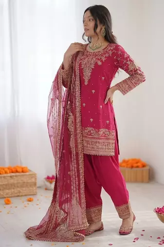 Pink crepe silk thread sequin farshi salwar suit
