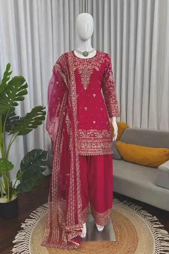 Pink crepe silk thread sequin farshi salwar suit