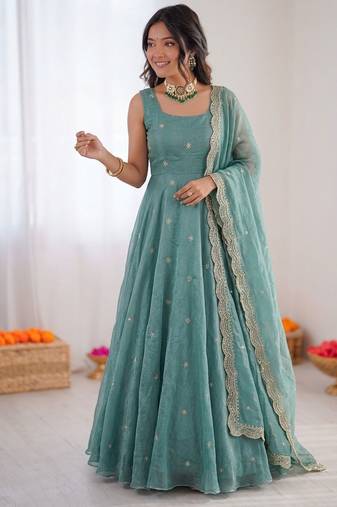 Sky blue fendy silk thread sequence anarkali suit