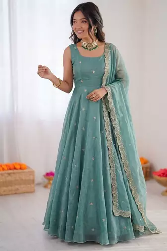 Sky blue fendy silk thread sequence anarkali suit