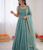 Sky blue fendy silk thread sequence anarkali suit