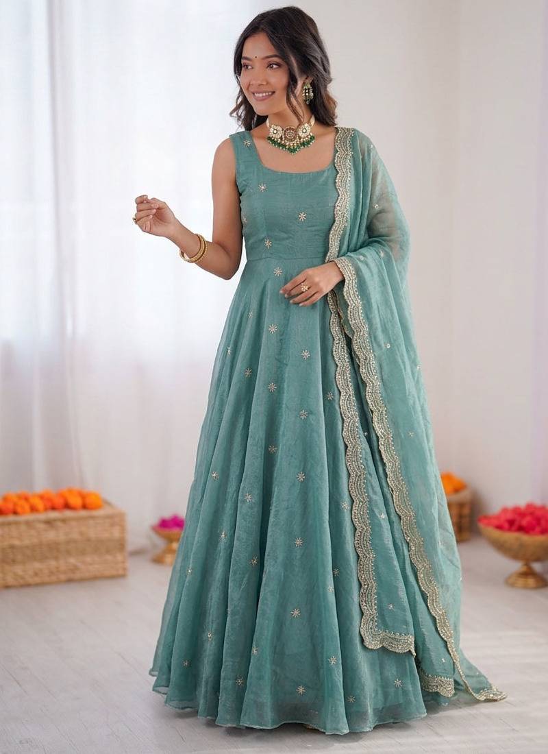 Sky blue fendy silk thread sequence anarkali suit