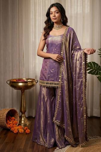 Lavender fendy silk thread with mirror work plazzo suit