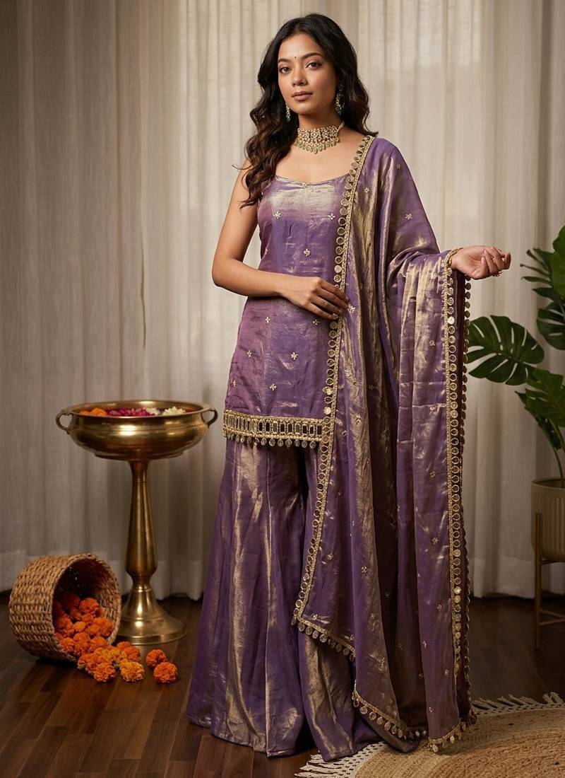 Lavender fendy silk thread with mirror work plazzo suit