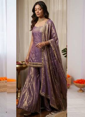 Lavender fendy silk thread with mirror work palazzo suit 2