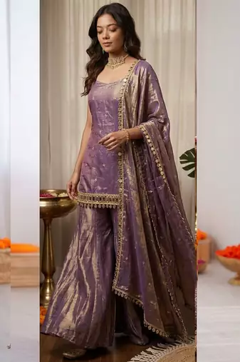 Lavender fendy silk thread with mirror work palazzo suit