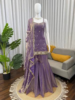Lavender fendy silk thread with mirror work palazzo suit 3