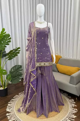 Lavender fendy silk thread with mirror work palazzo suit
