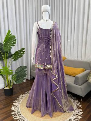Lavender fendy silk thread with mirror work palazzo suit 4
