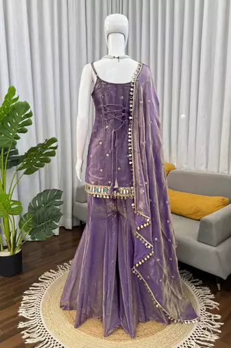 Lavender fendy silk thread with mirror work palazzo suit