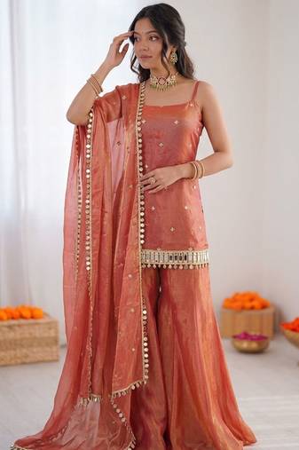 Rust orange fendy silk thread with mirror work plazzo suit