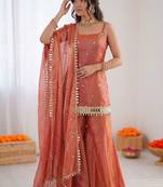 Rust orange fendy silk thread with mirror work plazzo suit