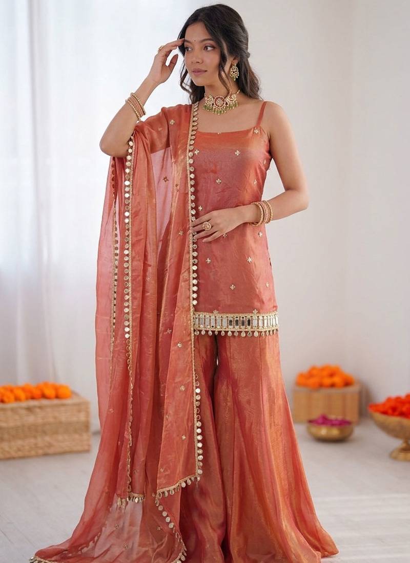 Rust orange fendy silk thread with mirror work plazzo suit
