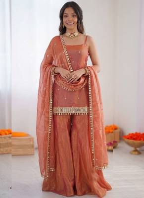 Rust orange fendy silk thread with mirror work plazzo suit 2