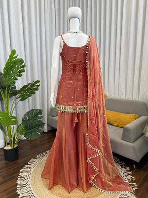 Rust orange fendy silk thread with mirror work plazzo suit 4