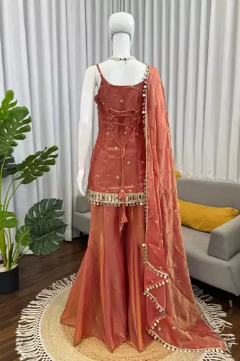Rust orange fendy silk thread with mirror work plazzo suit