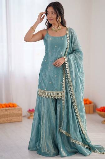 Turquoise fendy silk thread with mirror work plazzo suit