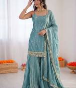 Turquoise fendy silk thread with mirror work plazzo suit