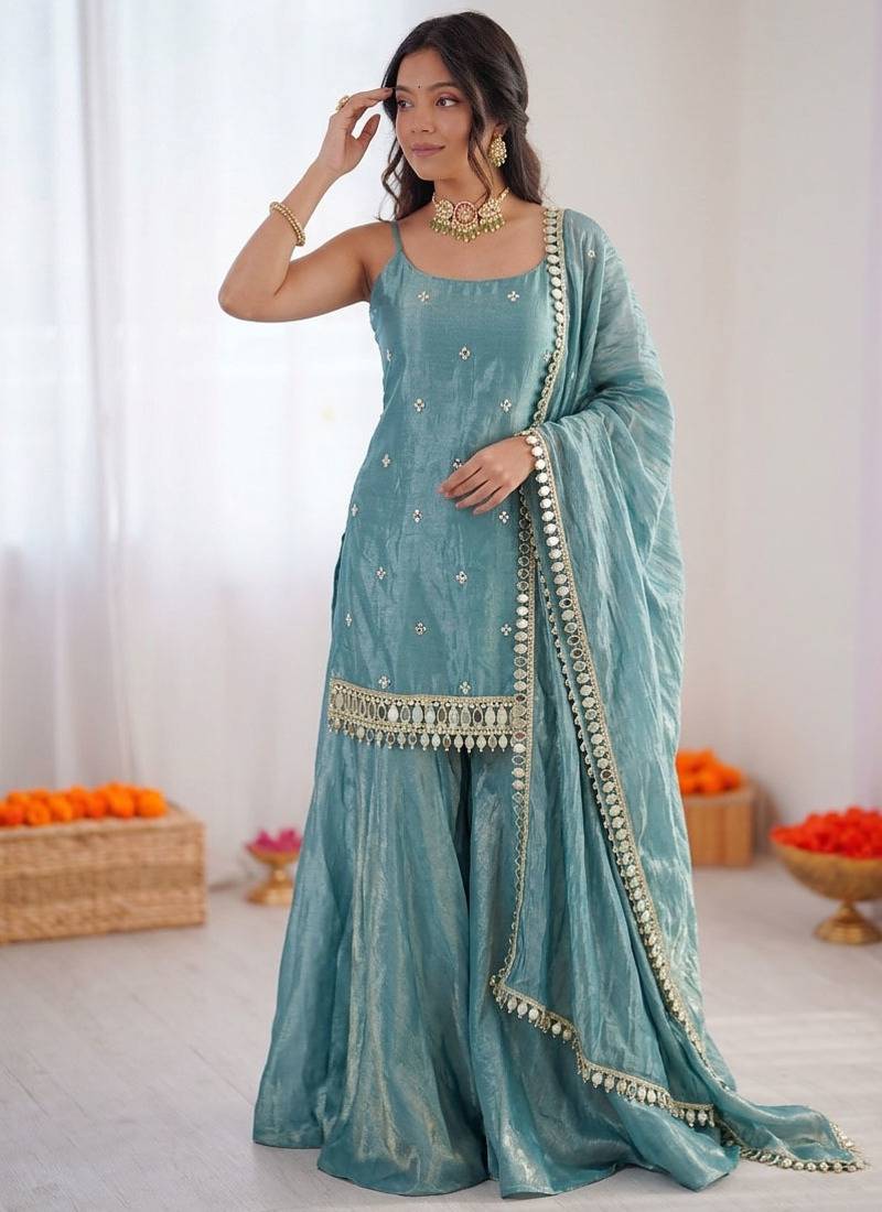 Turquoise fendy silk thread with mirror work plazzo suit