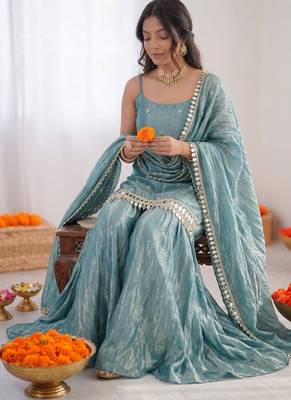 Turquoise fendy silk thread with mirror work plazzo suit 2