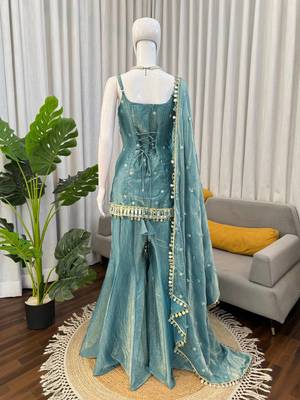 Turquoise fendy silk thread with mirror work plazzo suit 4
