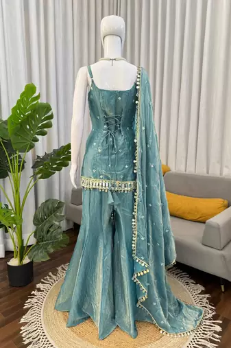 Turquoise fendy silk thread with mirror work plazzo suit