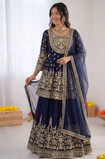 Blue georgette coding with sequence lehenga style suit