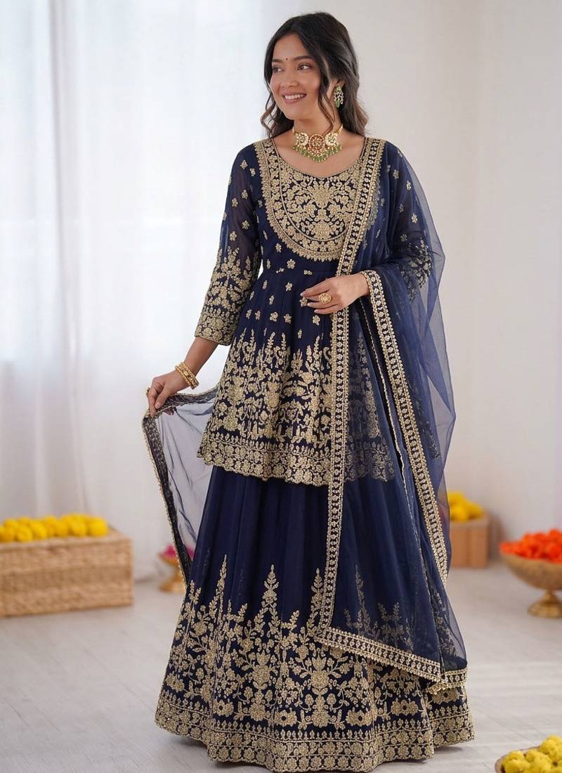 Blue georgette coding with sequence lehenga style suit