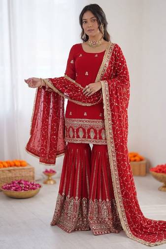 Red chinon silk thread sequence designer sharara suit