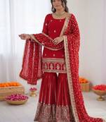 Red chinon silk thread sequence designer sharara suit