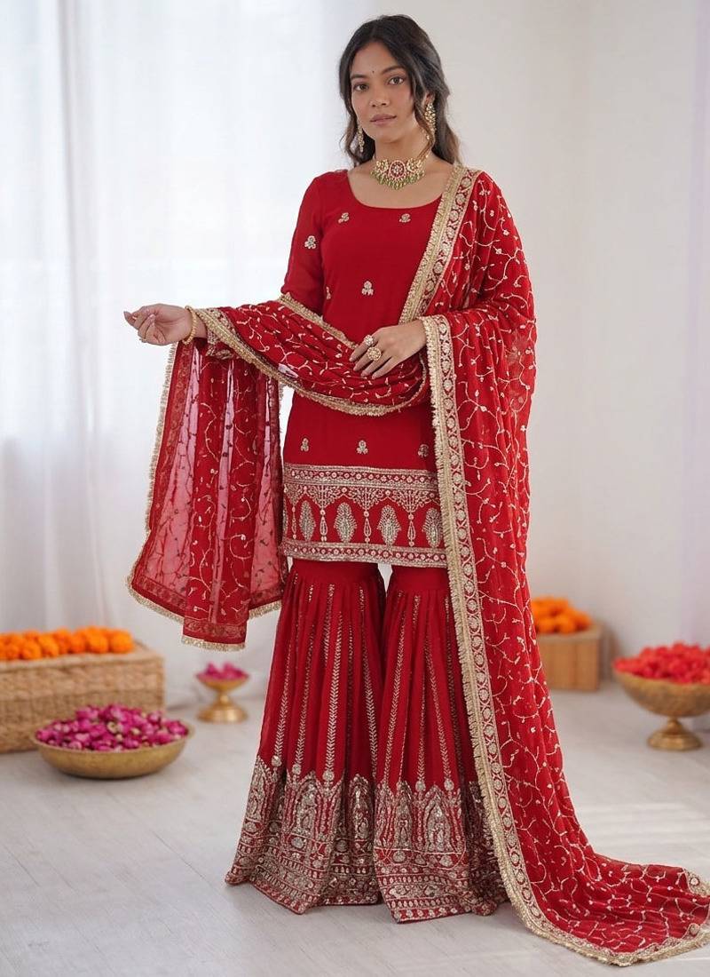 Red chinon silk thread sequence designer sharara suit