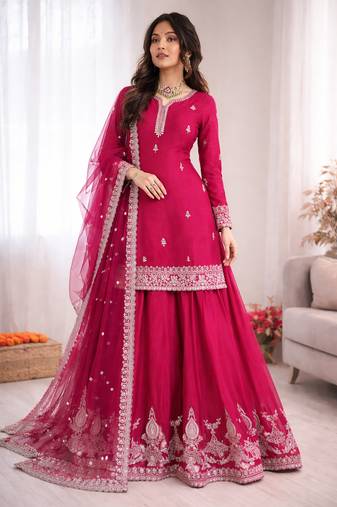 Pink chinon silk thread sequence plazzo suit