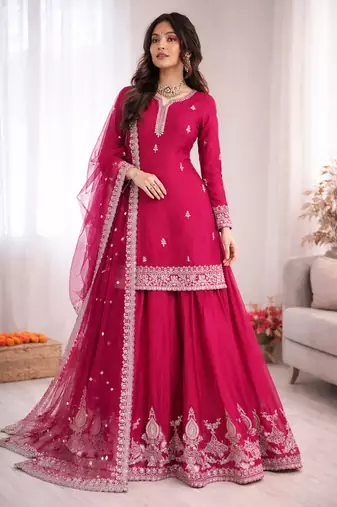 Pink chinon silk thread sequence plazzo suit