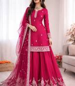 Pink chinon silk thread sequence plazzo suit