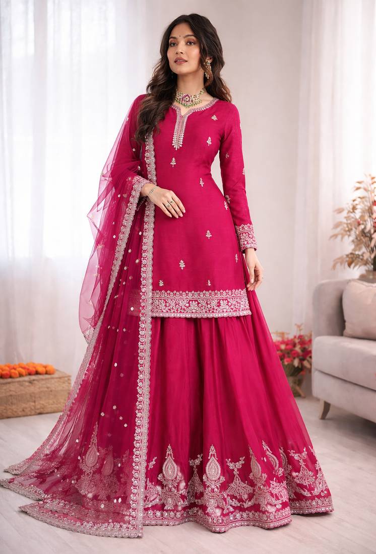 Pink chinon silk thread sequence plazzo suit