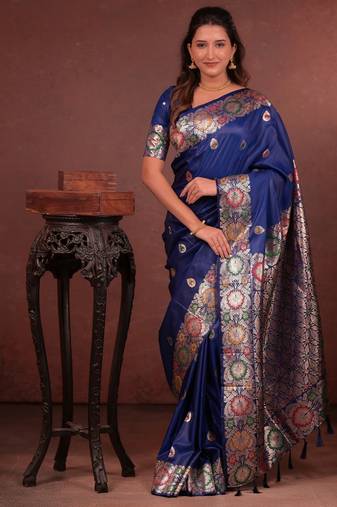 blue floral, zari woven faux kanjivaram saree with blouse