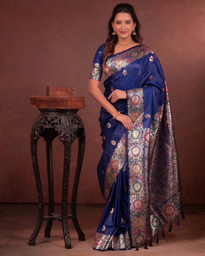 blue floral, zari woven faux kanjivaram saree with blouse