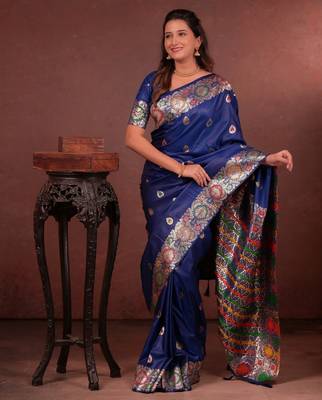 blue floral, zari woven faux kanjivaram saree with blouse 3