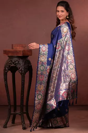 blue floral, zari woven faux kanjivaram saree with blouse