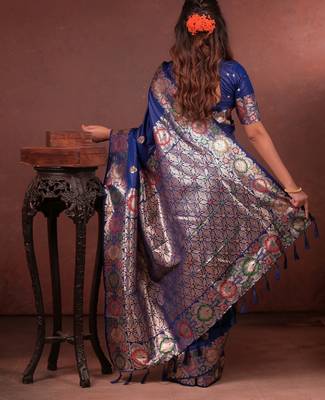 blue floral, zari woven faux kanjivaram saree with blouse 5